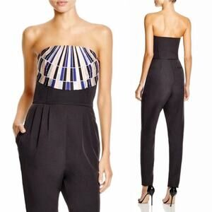 EUC Mara Hoffman Strapless Embroidered Jumpsuit Black Geo 2 Pleated Tapered‎ Leg